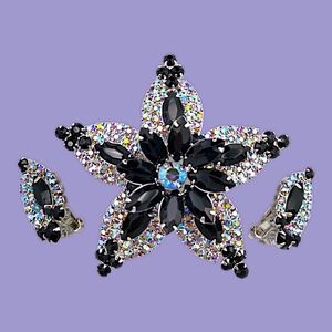 Vintage Huge Juliana Brooch Earrings Set, Black Glass Rhinestones, Gray AB RS!